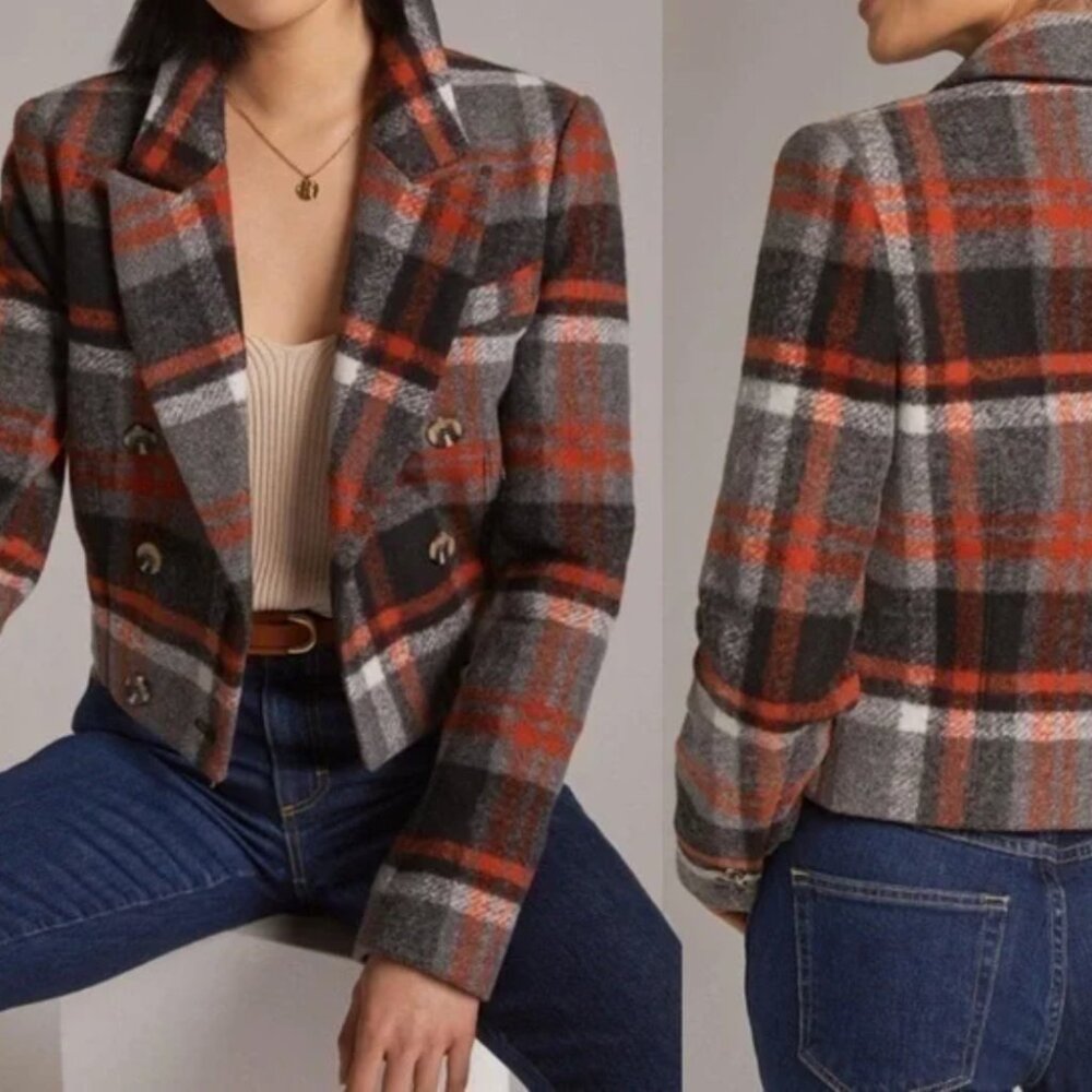 FAVORITE DAUGHTER  Parry Plaid Red Gray Double Breasted Blazer size  large